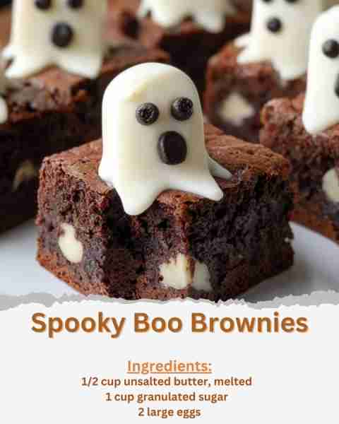 Spooky Boo Brownies Ingredients: - 1/2 cup unsalted butter, melted - 1 cup granulated sugar - 2 larg...
