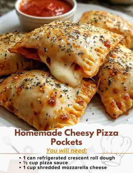 Homemade Cheesy Pizza Pockets Ingredients: - 1 can refrigerated crescent roll dough or pizza dough...