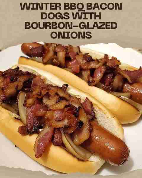 BBQ Bacon Dogs with Bourbon Glazed Onions 🧾 Ingredients: 4 beef hot dogs 4 slices of thick-cut baco...