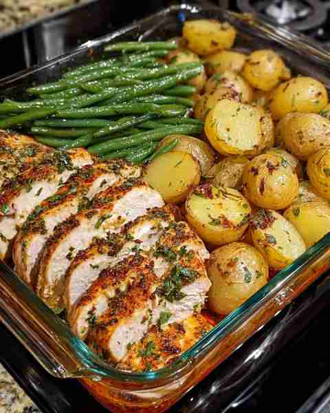 One-Pan Herb Roasted Chicken with Baby Potatoes & Green Beans 🥔🌿 Prep Time: 15 minutes Cook Time:...