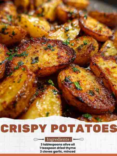 Crispy Potatoes Ingredients: 3 tablespoons olive oil 1 teaspoon dried thyme 3 cloves garlic, minced