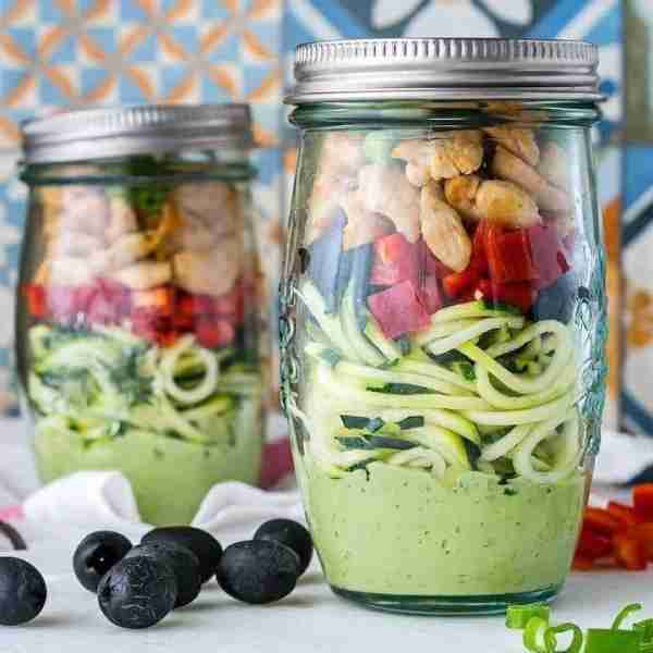 Zoodle Chicken Salad-In-a-Jar makes for a lemony, creamy, Meal on-the-go! You’ll need 4, wide mouth,...
