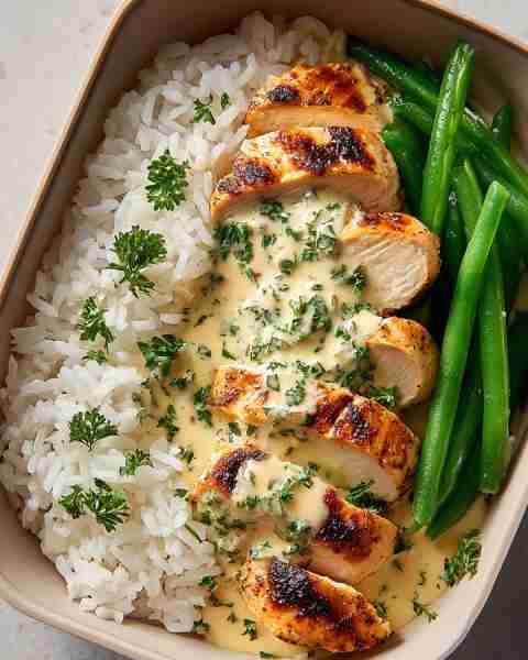 🍗 Grilled Chicken with Creamy Herb Sauce, Rice & Green Beans 🌿🍚 Prep Time: 15 minutes Cook Time:...