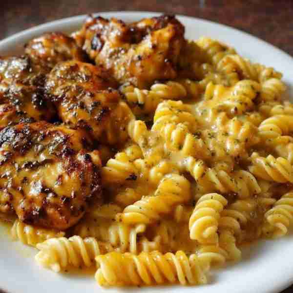🍗✨ Cheesy Garlic Herb Chicken with Creamy Rotini Pasta 📝 Recipe Ingredients: 4 chicken thighs (bo...
