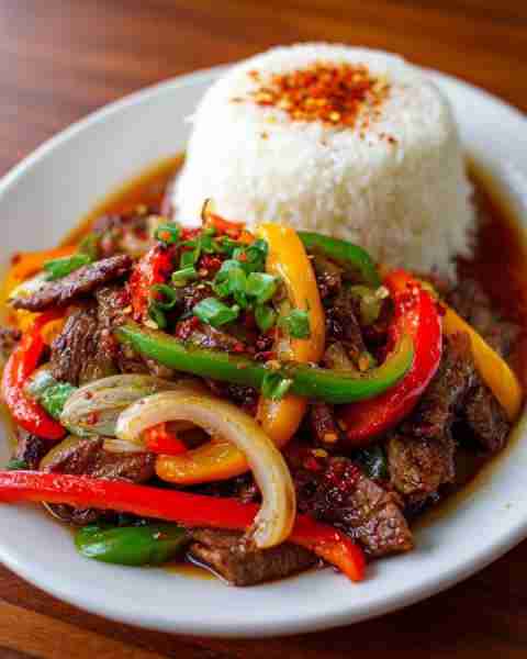 🥢 Spicy Beef Stir-Fry with Peppers and Rice Ingredients: 400g beef sirloin or flank steak, thinly s...