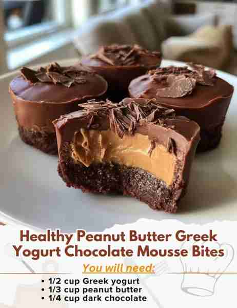 Healthy Peanut Butter Greek Yogurt Chocolate Mousse Bites with Gooey Fudge Centers Ingredients: - 1/...