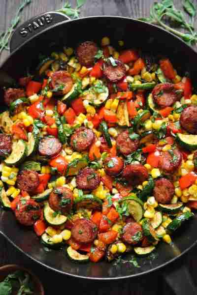 Sausage and Veggies Skillet with Zucchini, Corn, Bell Peppers, and fresh Cilantro By Julia's Album -...