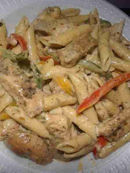 Rasta Pasta With Spicy Chicken Recipe Ingredients: 8 ounces penne pasta 2 chicken breasts, diced ful...