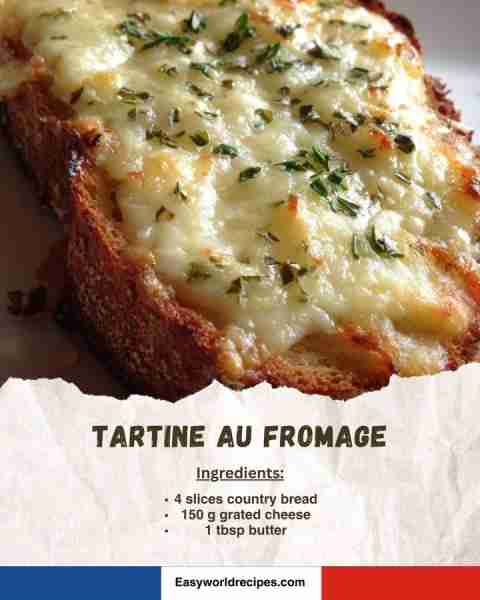 🥖 Tartine au Fromage (Cheese Toast) A rustic French snack of toasted bread with melted cheese, perf...