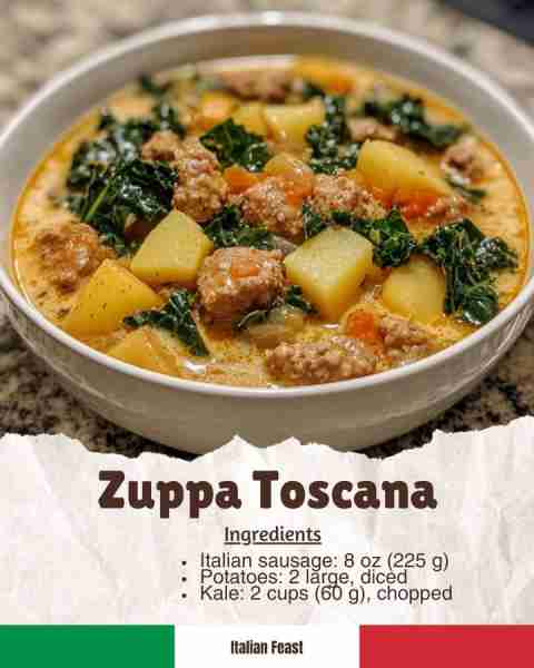 🥣 Zuppa Toscana A beloved Tuscan soup with sausage, potatoes, and kale, simmered in a creamy broth....