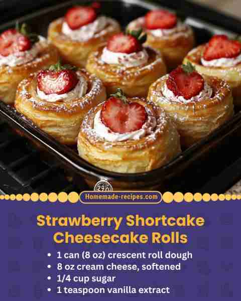 Strawberry Shortcake Cheesecake Rolls 📋 Ingredients: • 1 can (8 oz) crescent roll dough • 8 oz crea...