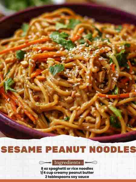 Sesame Peanut Noodles Ingredients: 8 oz spaghetti or rice noodles 1/4 cup creamy peanut butter 2 tab...