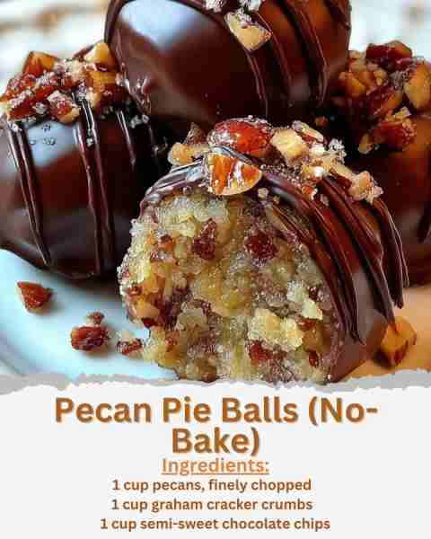 Pecan Pie Balls (No-Bake) Ingredients: - 1 cup pecans, finely chopped - 1 cup graham cracker crumbs...