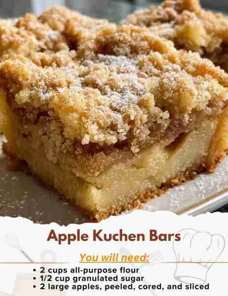 Apple Kuchen Bars Ingredients: - 2 cups all-purpose flour - 1/2 cup granulated sugar - 1/4 teaspoon...