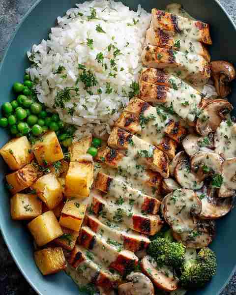 Comfort food done right — Grilled Chicken with Creamy Mushroom Sauce, Rice & Veggie Medley