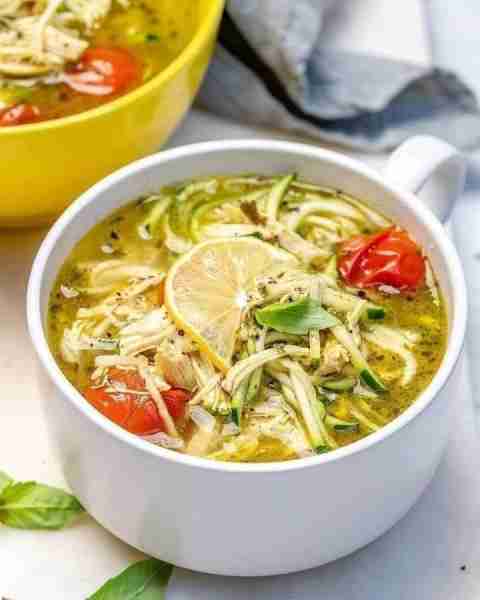"This soup is so good. I had to have 2 bowls." -Oly Petersen Pesto Chicken Zoodle Soup I love the hi...