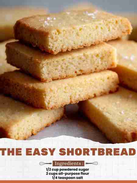The Easy Shortbread Ingredients: 1/2 cup powdered sugar 2 cups all-purpose flour 1/4 teaspoon salt