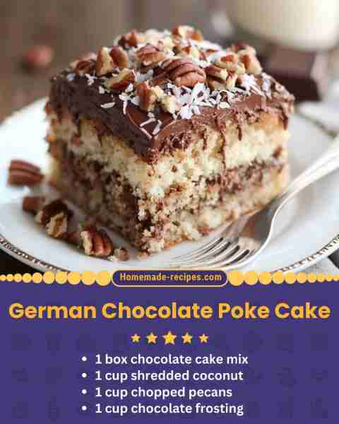 German Chocolate Poke Cake 📋 Ingredients: • 1 box chocolate cake mix • 1 can (14 oz) sweetened cond...