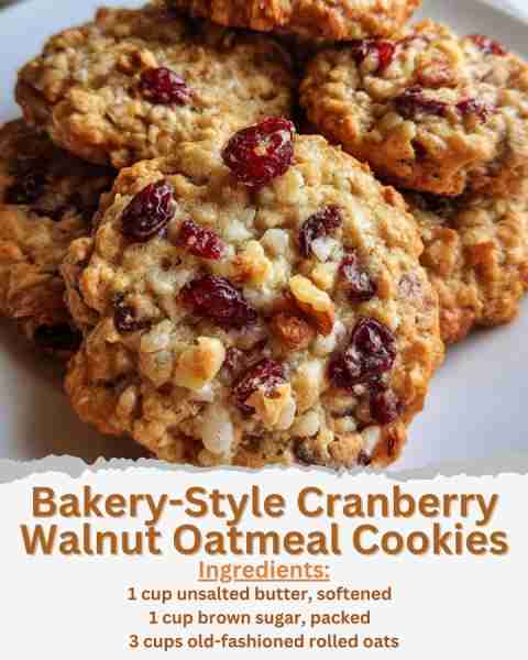 Bakery-Style Cranberry Walnut Oatmeal Cookies Ingredients: - 1 cup unsalted butter, softened - 1 cup...