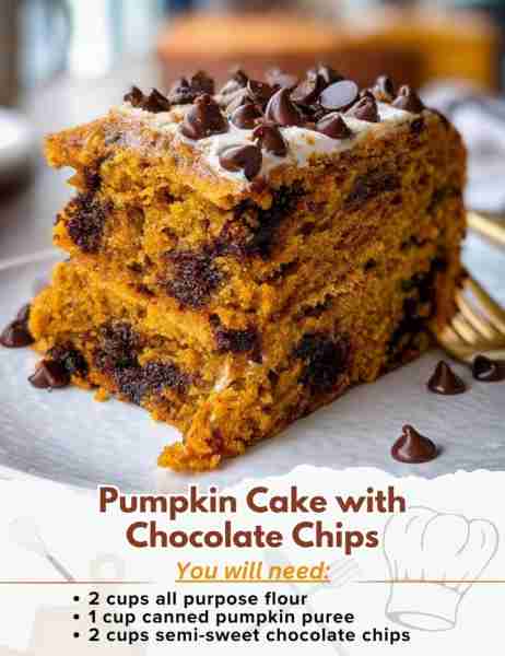 Pumpkin Cake with Chocolate Chips Ingredients: - 2 cups all purpose flour - 1 tbsp pumpkin pie spice...