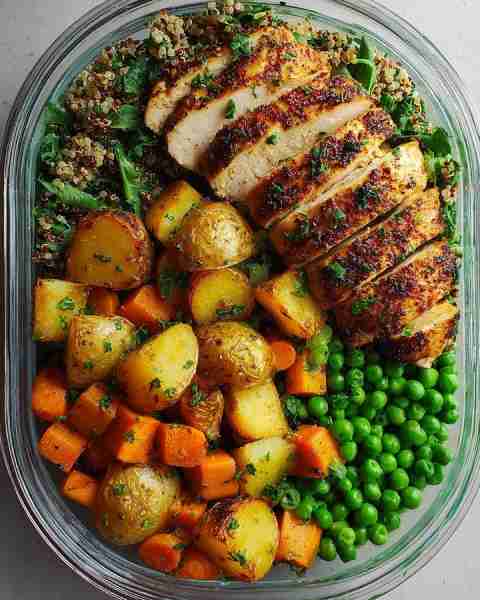 🥗 Quinoa Chicken Bowl with Roasted Potatoes, Carrots & Peas 🍗🌱 Prep Time: 15 minutes Cook Time: 3...