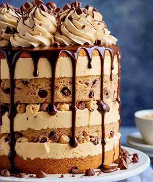 🍪🍦 Chocolate Chip Cookie Dough Ice Cream Cake A no-bake layered cake with chocolate chip cookie cr...