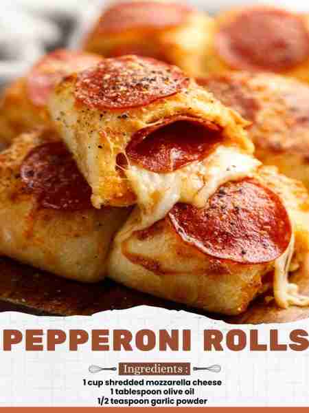Pepperoni Rolls Ingredients: 1 cup shredded mozzarella cheese 1 tablespoon olive oil 1/2 teaspoon ga...