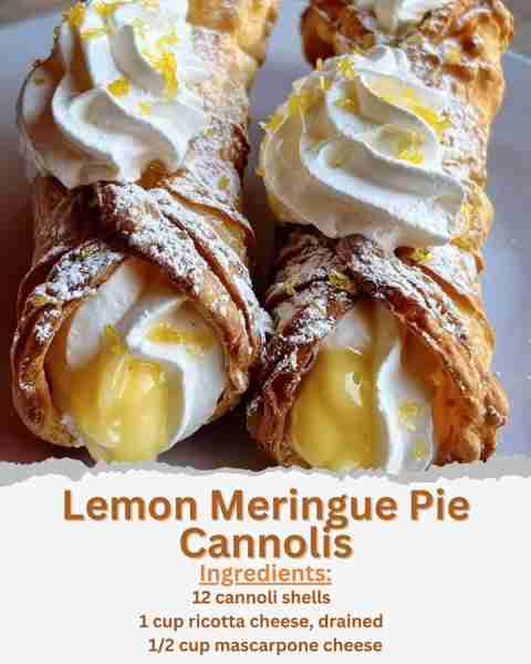Lemon Meringue Pie Cannolis Ingredients: - 12 cannoli shells - 1 cup ricotta cheese, drained - 1/2 c...