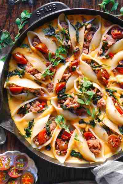🍁 Creamy Butternut Squash Pasta Shells Stuffed with Italian Sausage, Spinach, Cherry (Grape) Tomato...