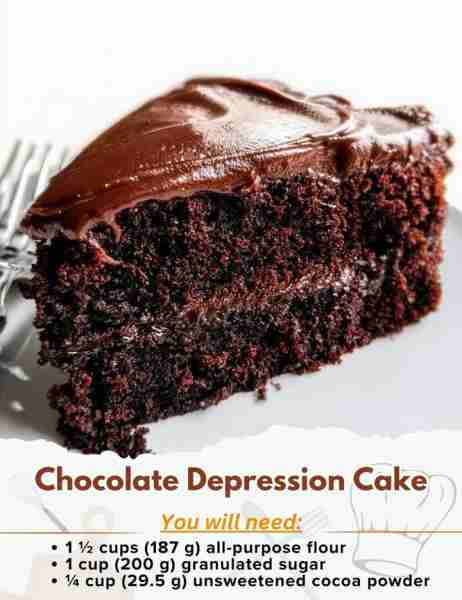 Chocolate Depression Cake Ingredients: - 1 ½ cups (187 g) all-purpose flour - 1 cup (200 g) granula...