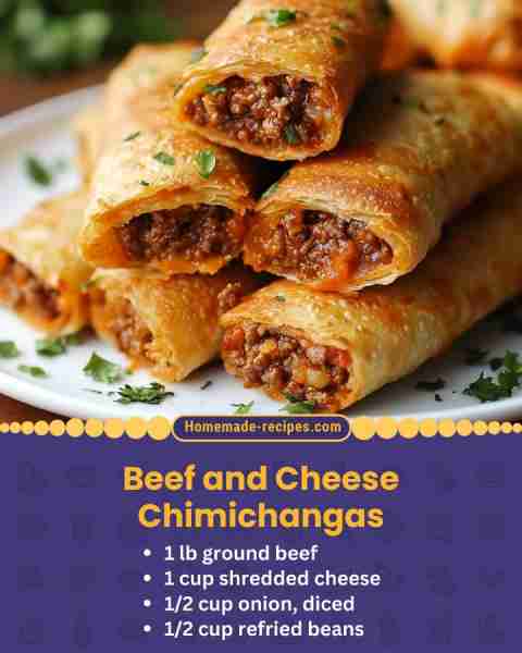 Beef and Cheese Chimichangas 📋 Ingredients: • 1 lb ground beef • 1 cup shredded cheese (cheddar or...