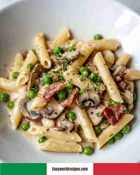 🍝 Penne with Peas, Mushrooms, and Bacon A creamy pasta dish with smoky bacon, earthy mushrooms, and...