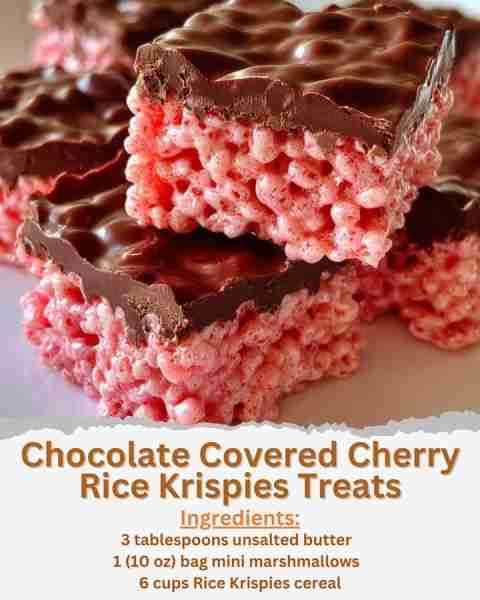 Chocolate Covered Cherry Rice Krispies Treats Ingredients: - 3 tablespoons unsalted butter - 1 (10 o...
