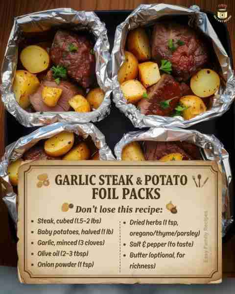 Garlic Steak & Potato Foil Packs 🥩 👩‍🍳 Don't Lose This Recipe: Toss steak, potatoes, garlic, oil...