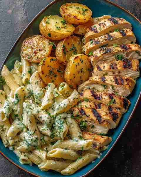 Was told not to skip this — Grilled Chicken with Creamy Herb Pasta & Garlic Roasted Potatoes