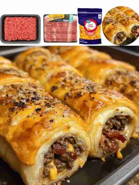 Garlic Butter Bacon Cheeseburger Rollups Ingredients: - 1 pound ground beef - 8 slices of bacon, coo...