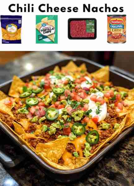 Chili Cheese Nachos Ingredients: - 1 bag of tortilla chips - 1 can of chili - 1 cup of shredded chee...