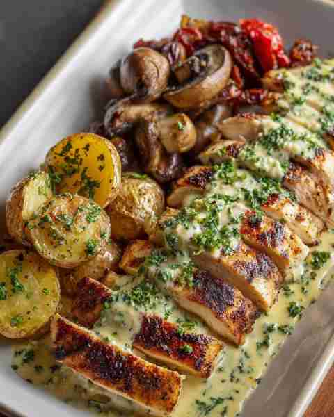 🍗 Creamy Herb Chicken with Roasted Potatoes, Mushrooms & Peppers 🌿🥔🍄 Prep Time: 20 minutes Cook...