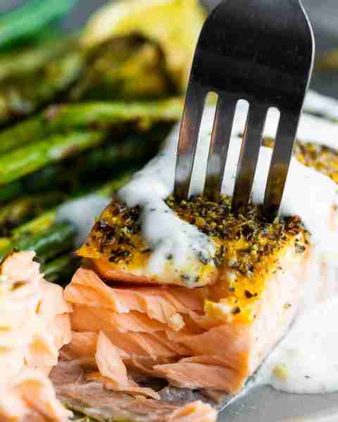 Lemon pepper salmon sheet pan with green beans, asparagus and lemon dill yogurt is ready in under 25...