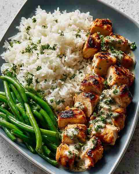 This smelled like Sunday dinner — Grilled Herb Chicken with Garlic Green Beans & Fluffy Rice