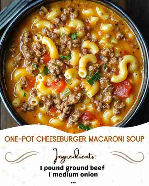 One-Pot Cheeseburger Macaroni Soup Ingredients: 1 pound ground beef 1 medium onion, diced 2 cloves...