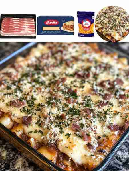Parmesan Garlic Bacon Cheeseburger Lasagna Ingredients: - 1 pound ground beef - 6 strips of bacon, c...