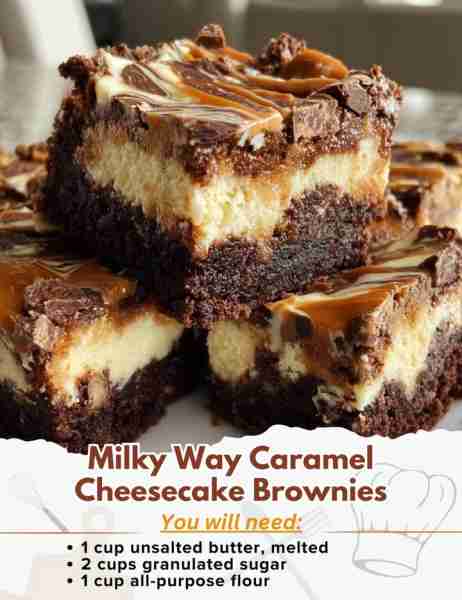 Milky Way Caramel Cheesecake Brownies Ingredients: - 1 cup unsalted butter, melted - 2 cups granulat...