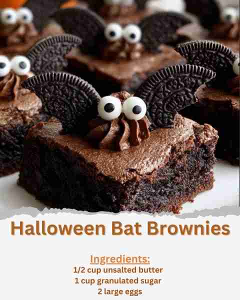Halloween Bat Brownies Ingredients: - 1/2 cup unsalted butter - 1 cup granulated sugar - 2 large egg...