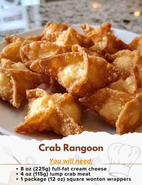 Crab Rangoon Ingredients: - 8 oz (225g) full-fat cream cheese, softened to room temperature - 4 oz (...