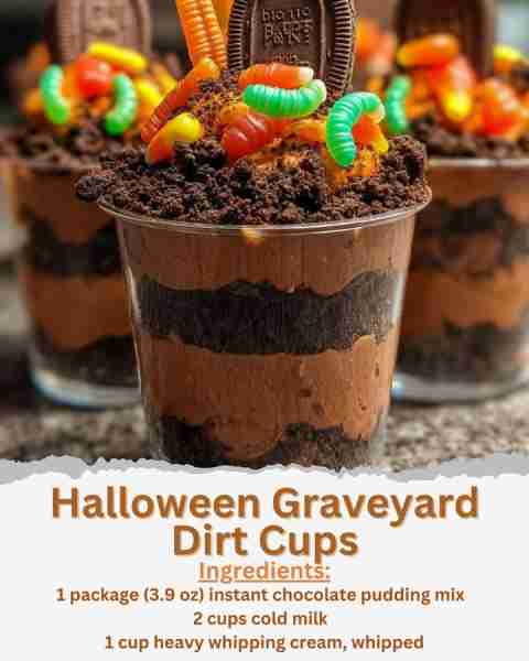 Halloween Graveyard Dirt Cups Ingredients: - 1 package (3.9 oz) instant chocolate pudding mix - 2 cu...