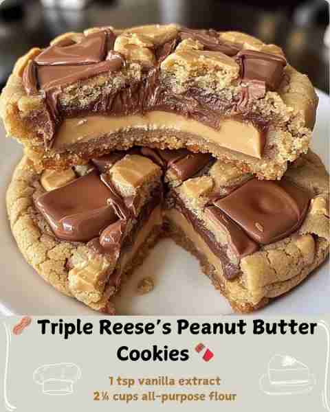 🥜 Triple Reese’s Peanut Butter Cookies 🍫 Ingredients: For the Cookie Base: 1 cup (2 sticks) unsalt...