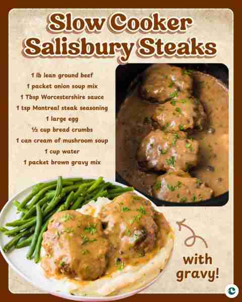 Classic comfort made easy in the crockpot! SLOW COOKER SALISBURY STEAKS 1 lb lean ground beef 1 pack...