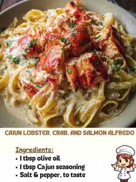Cajun Lobster, Crab, and Salmon Alfredo Ingredients 1 tbsp olive oil 1 tbsp Cajun seasoning Salt &...