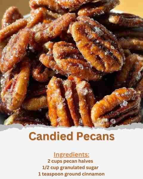 Candied Pecans Ingredients: - 2 cups pecan halves - 1/2 cup granulated sugar - 1 teaspoon ground cin...